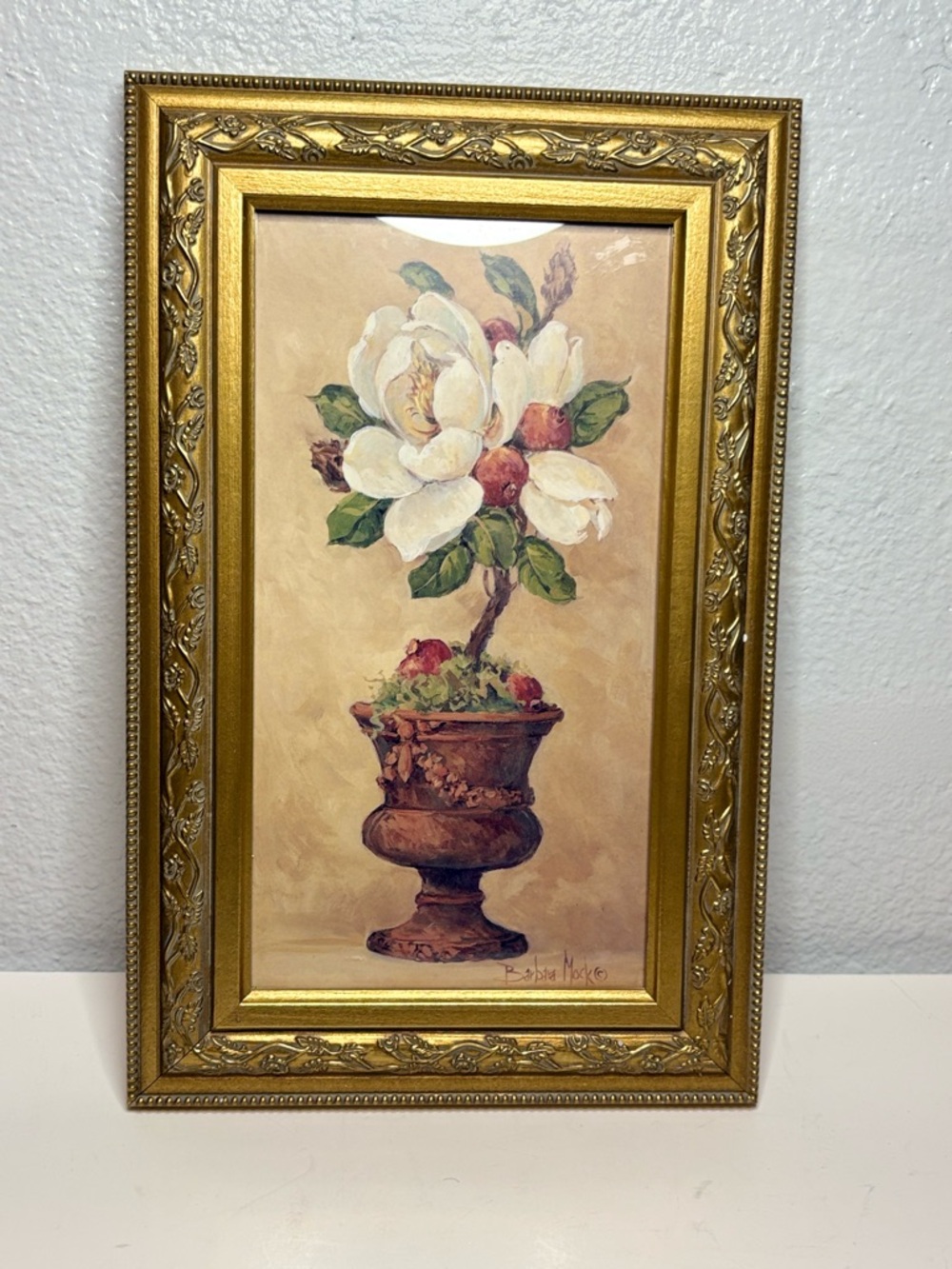 2 Framed Floral Still Life Painting - Gold Frame, White & Green Blooms